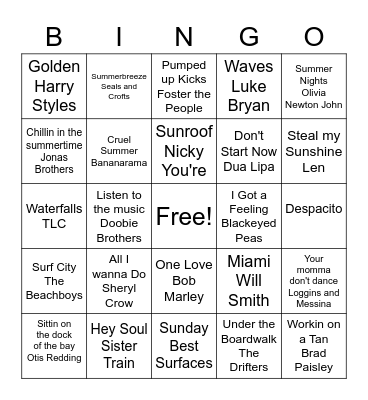 Summer Music Bingo Card