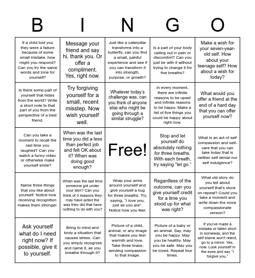 Self-compassion Bingo Card