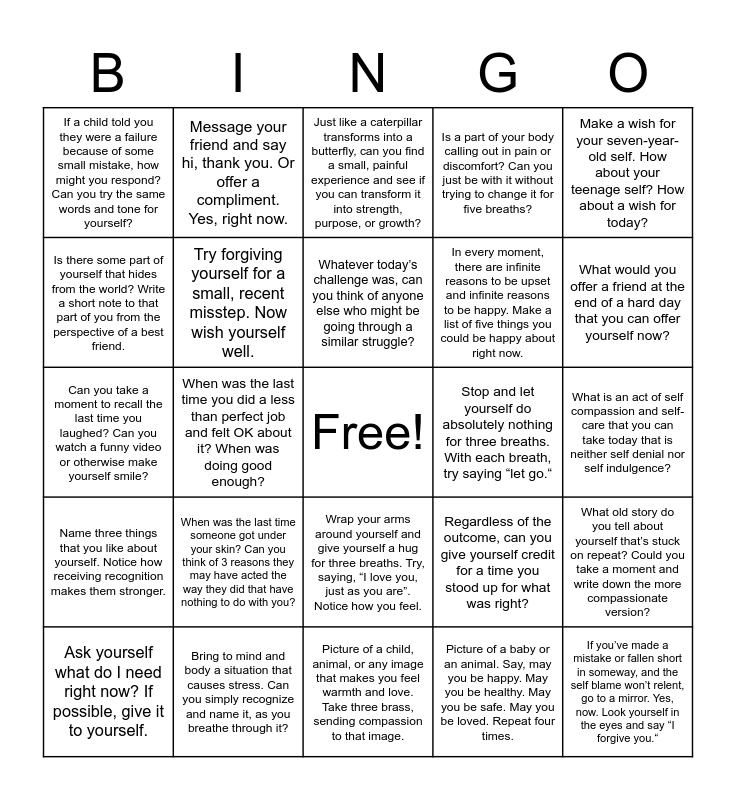 Self-compassion Bingo Card