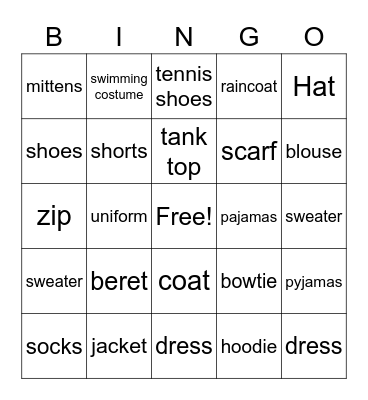 Clothes Bingo Card