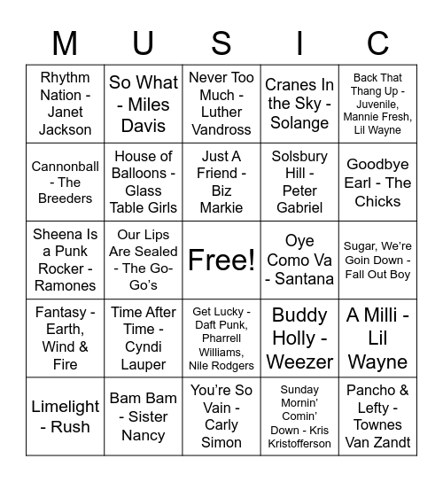 Rolling Stone All Time Classics #400-500 Bingo Card