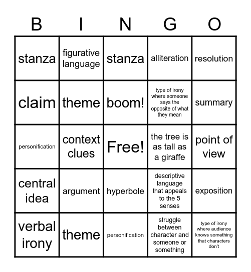 Academic vocabulary Bingo Card