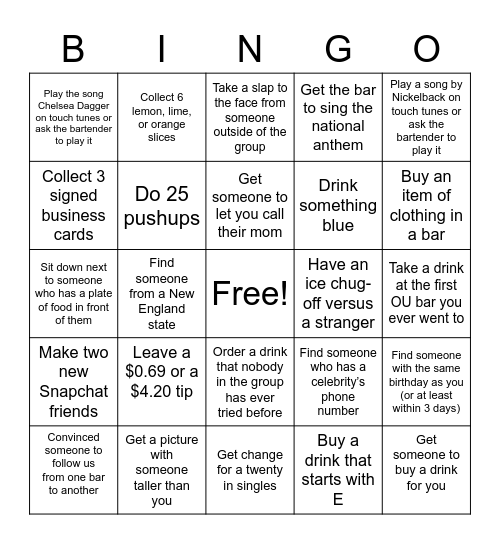 Chuck and Marko's Bar Crawl Bingo Card