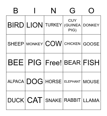 CUSIN SCHOOL OF ENGLISH-ANIMAL BINGO! Bingo Card