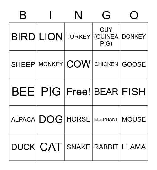 CUSIN SCHOOL OF ENGLISH-ANIMAL BINGO! Bingo Card