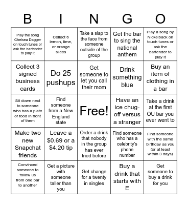 Chuck and Marko's Bar Crawl Bingo Card