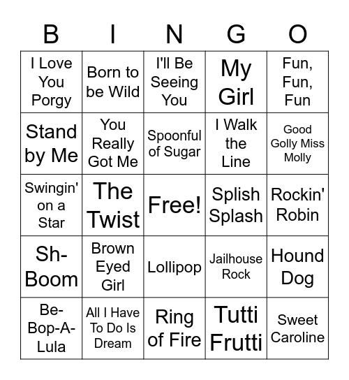50's & 60's Music Bingo Card