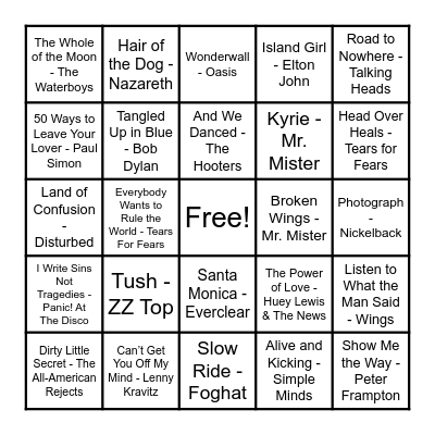 75, 85, 95, 05 Rock Bingo Card