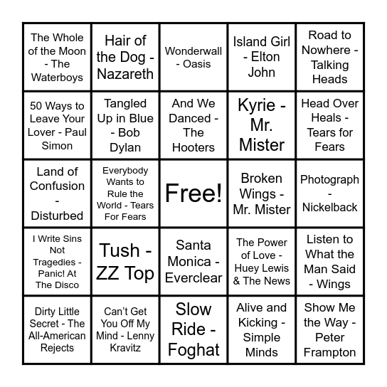 75, 85, 95, 05 Rock Bingo Card