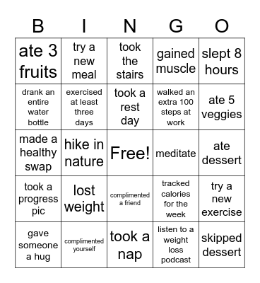 Weight Loss Bingo Card