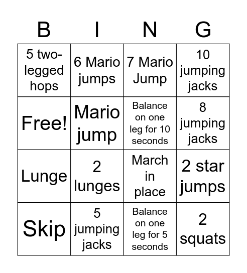 Movement Bingo Card