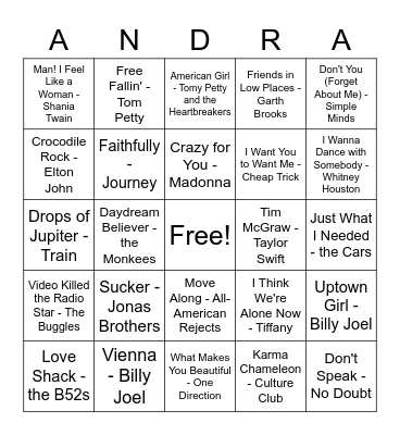 AUNTIE'S MUSIC BINGO Card