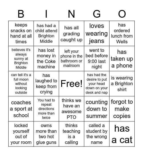 BMS Teacher Bingo Card