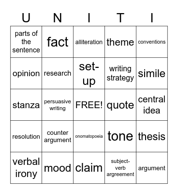 ELA Unit I Academic Vocabulary Bingo Card