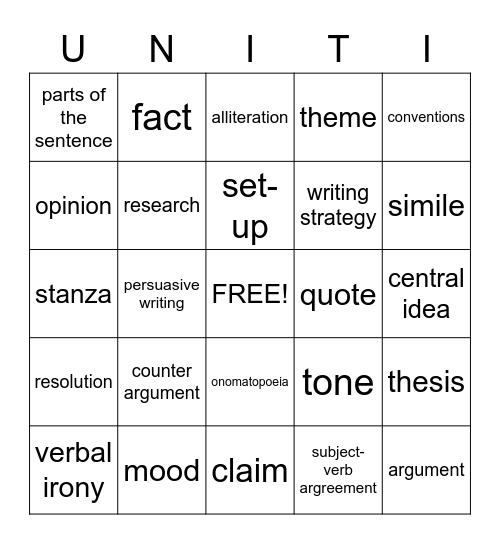 ELA Unit I Academic Vocabulary Bingo Card