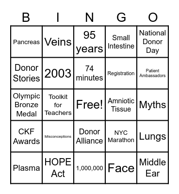 Organ, Eye, and Tissue Donation Bingo Card