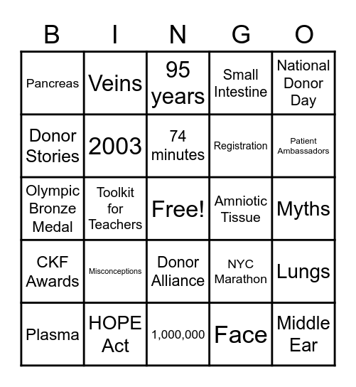 Organ, Eye, and Tissue Donation Bingo Card