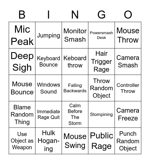 Gamer Rage Bingo Card