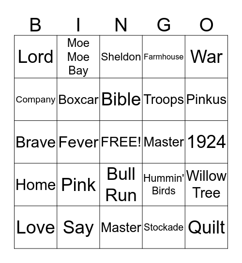 Pink and Say  Bingo Card