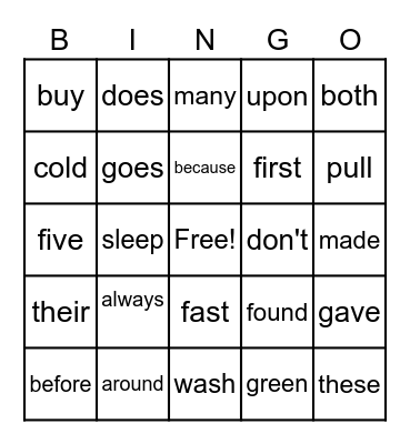 SIGHT WORD BINGO Card
