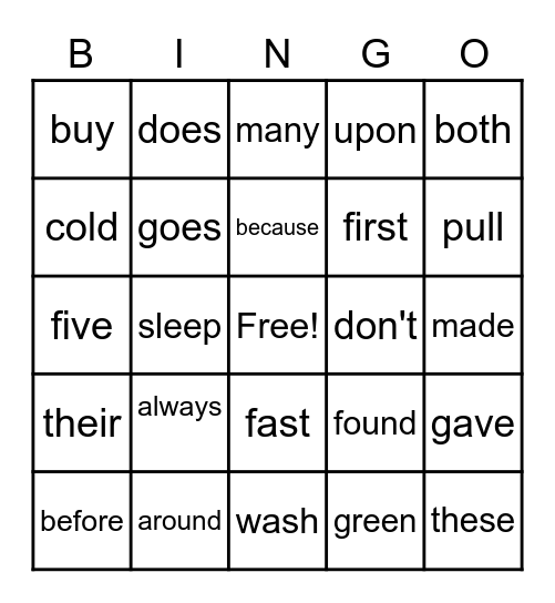 SIGHT WORD BINGO Card