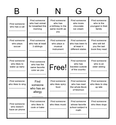Find a Friend Bingo Card