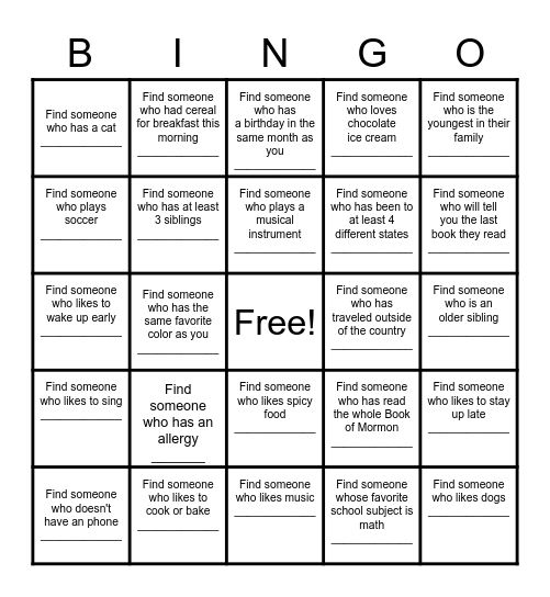 Find a Friend Bingo Card