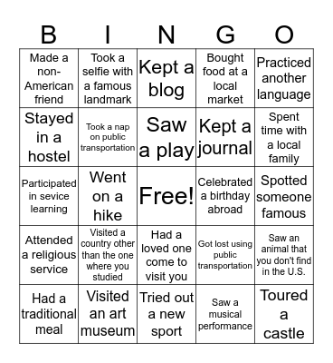 Study Abroad BINGO Card