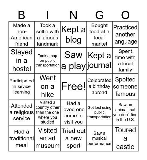 Study Abroad BINGO Card