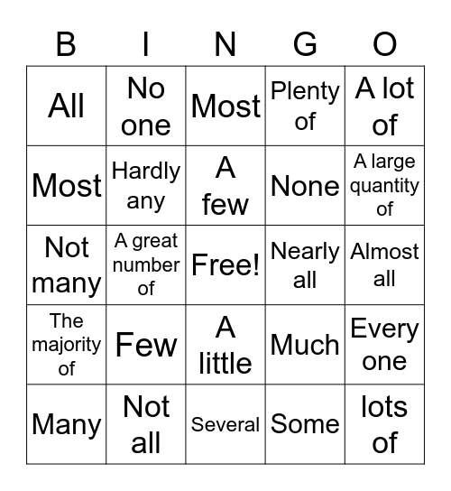 Quantifiers Bingo Card