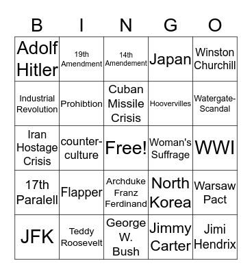 US History Review Bingo Card