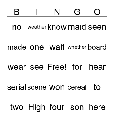 English Words Bingo Card