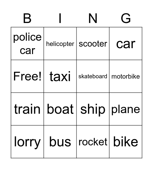 Transport Bingo Card