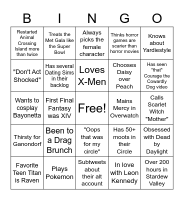 Gaymer Twitter Bingo Card