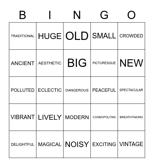 ADJECTIVES TO DESCRIBE PLACES Bingo Card