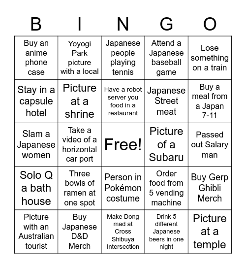 Japan Bingo Card