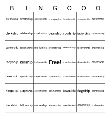 Suffix _ship Bingo Card