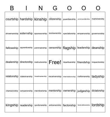 Suffix _ship Bingo Card