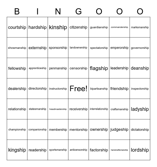 Suffix _ship Bingo Card