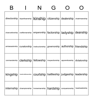 Suffix _ship Bingo Card