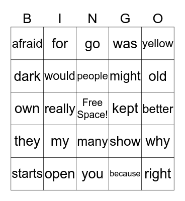 Journeys High Frequency Words Bingo Card