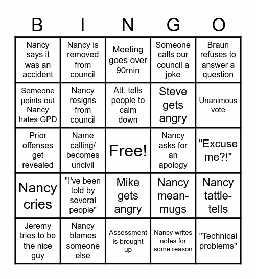 Nancy's Trial Bingo Card