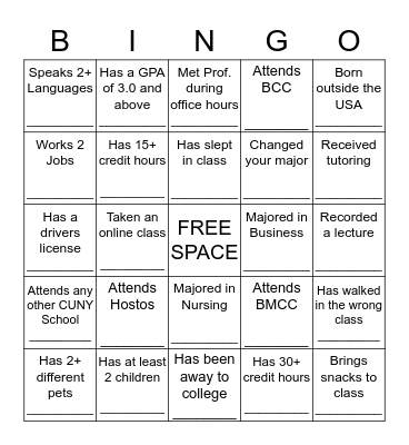 YAES COLLEGE  Bingo Card