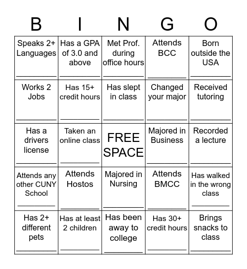 YAES COLLEGE  Bingo Card