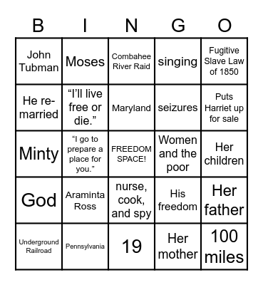 Harriet Movie Bingo Card