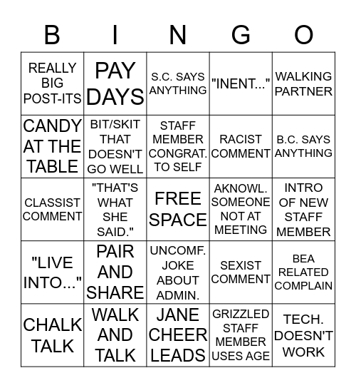 STAFF MEETING Bingo Card
