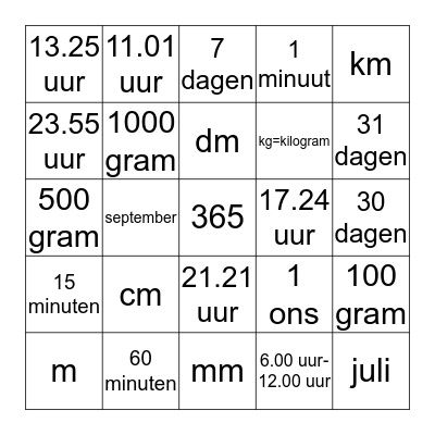 rekenen lengtematen, gewichten, klok, maanden Bingo Card
