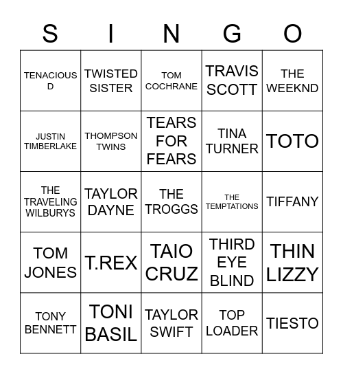 810 ARTISTS STARTING WITH ‘T’ Bingo Card