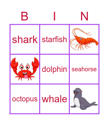 Water animals Bingo Card