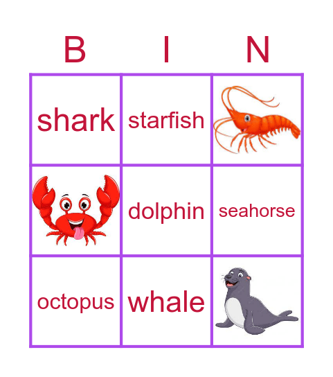 Water animals Bingo Card